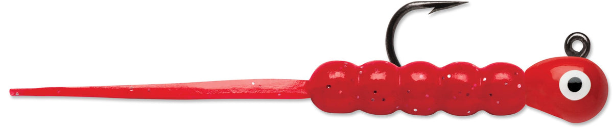 VMC Tungsten Wax Tail Jig Glow Red shown for night jigging and lure attraction.