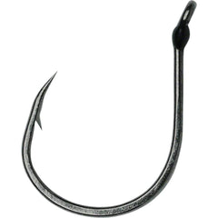 VMC Wacky Hook Black Nickel 1/0 close-up showing wide bite and resin eye.