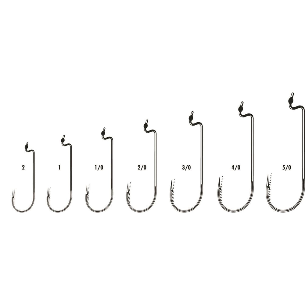 VMC worm hook offset point with 3-degree design enhances hookup exposure on Carolina rigs.