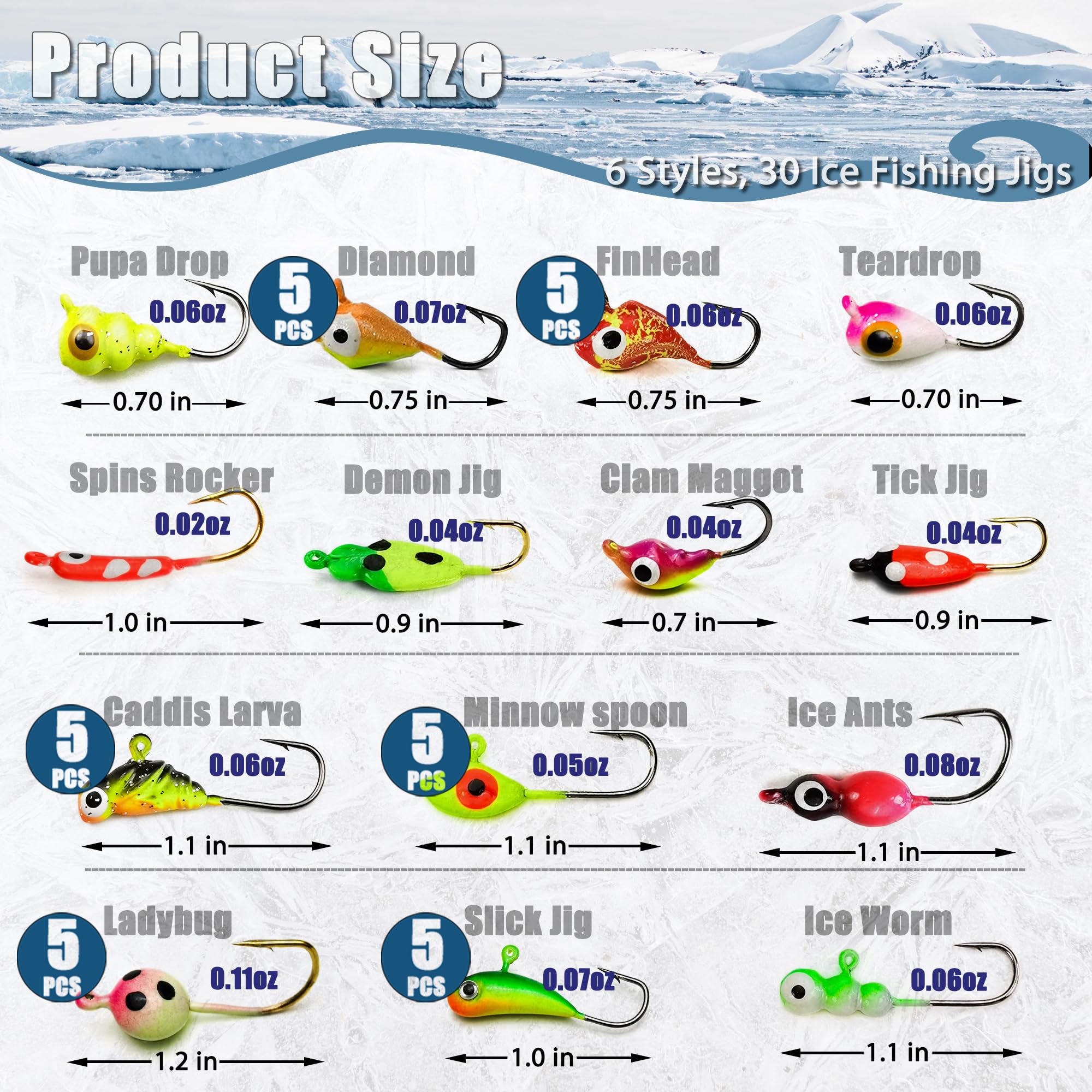 Assorted ice fishing jigs and soft baits in tackle box