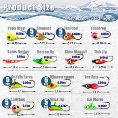 Assorted ice fishing jigs and soft baits in tackle box