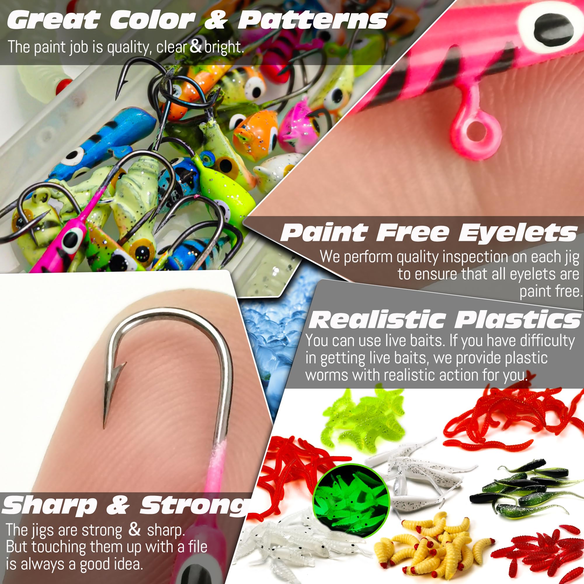 Soft swimbaits and waxworms included in kit