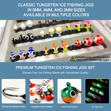 Layout of 45-piece UV glow tungsten ice jigs kit