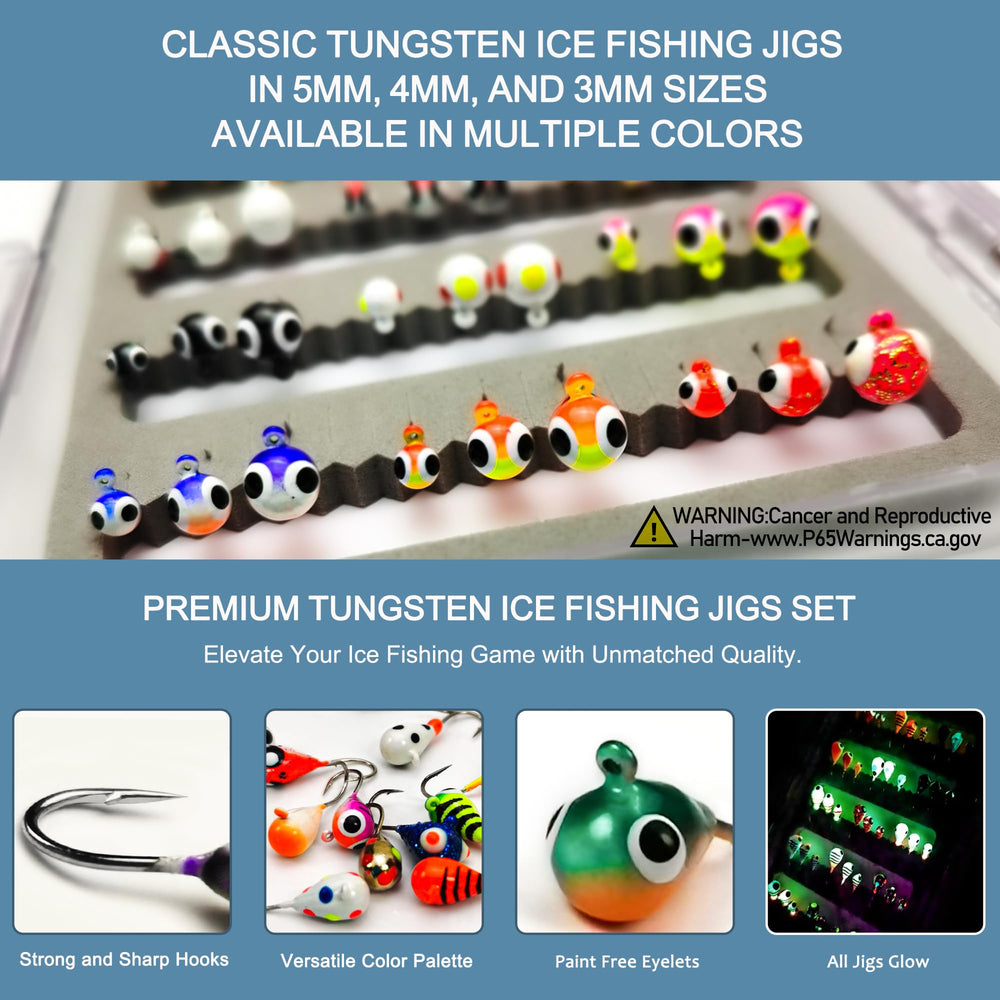 Layout of 45-piece UV glow tungsten ice jigs kit