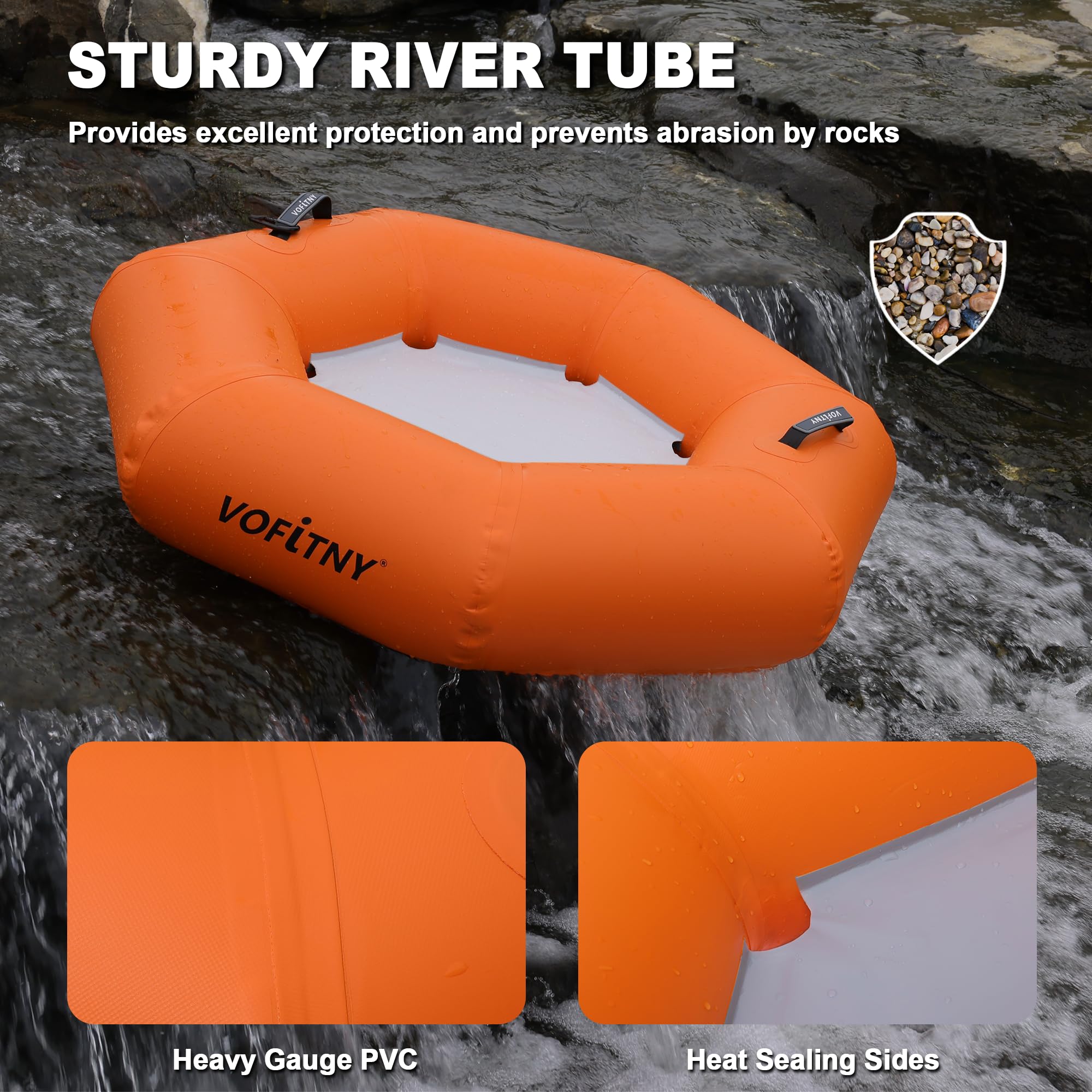Durable multi-layer PVC material and reinforced seams on VOFiTNY river tube