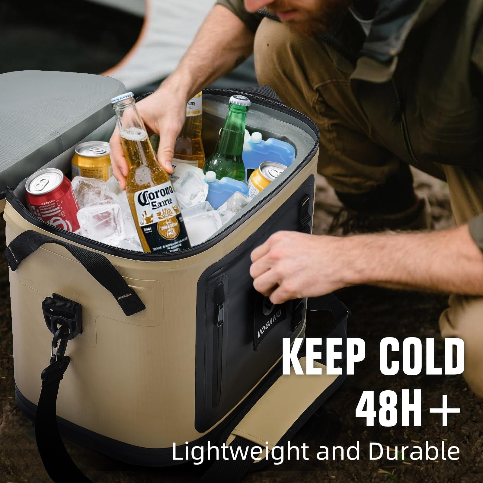 Vogano Soft Cooler fits 28 cans with ice packs for long outings.