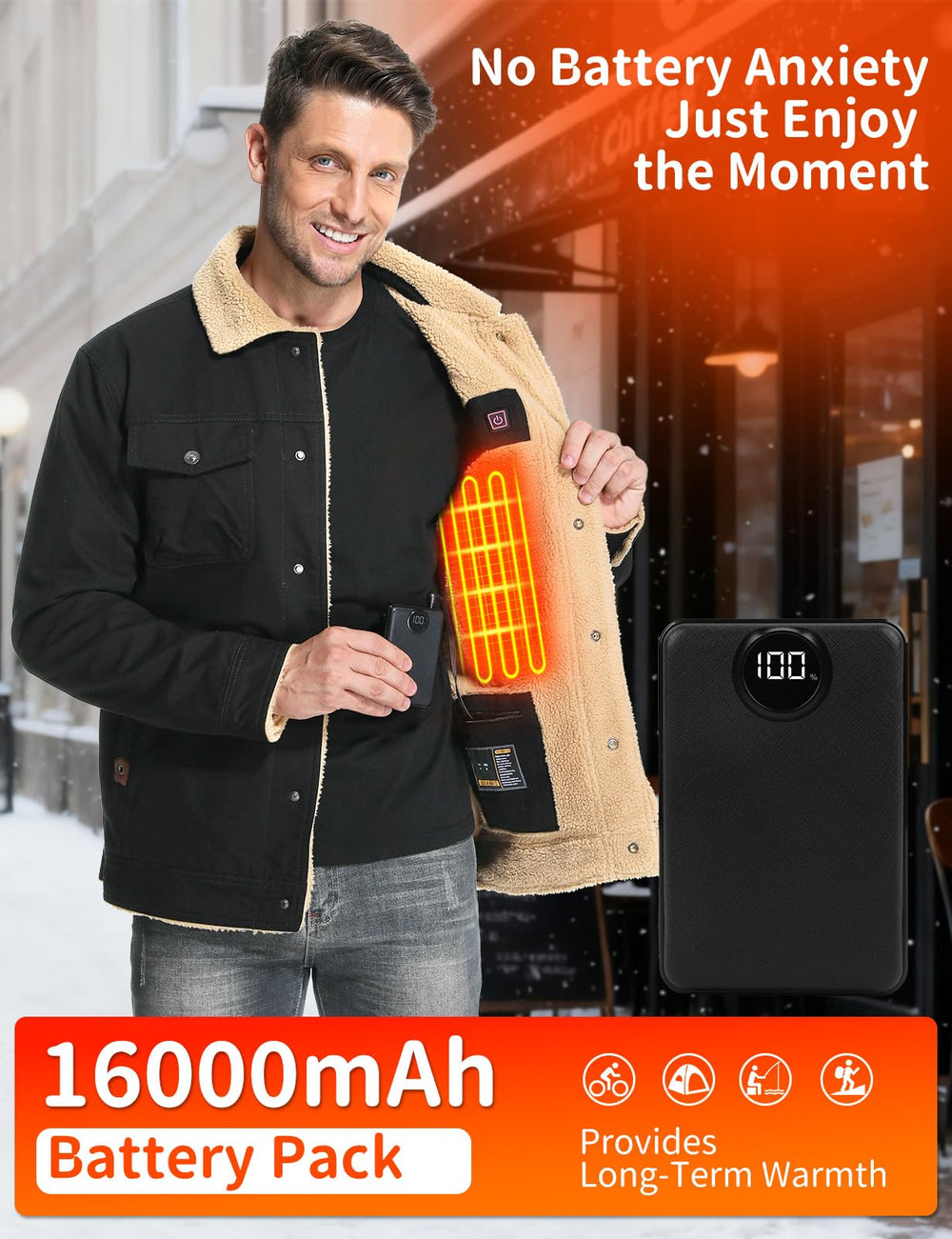 Vokora 16000mAh battery powers long-lasting warmth during outdoor adventures.