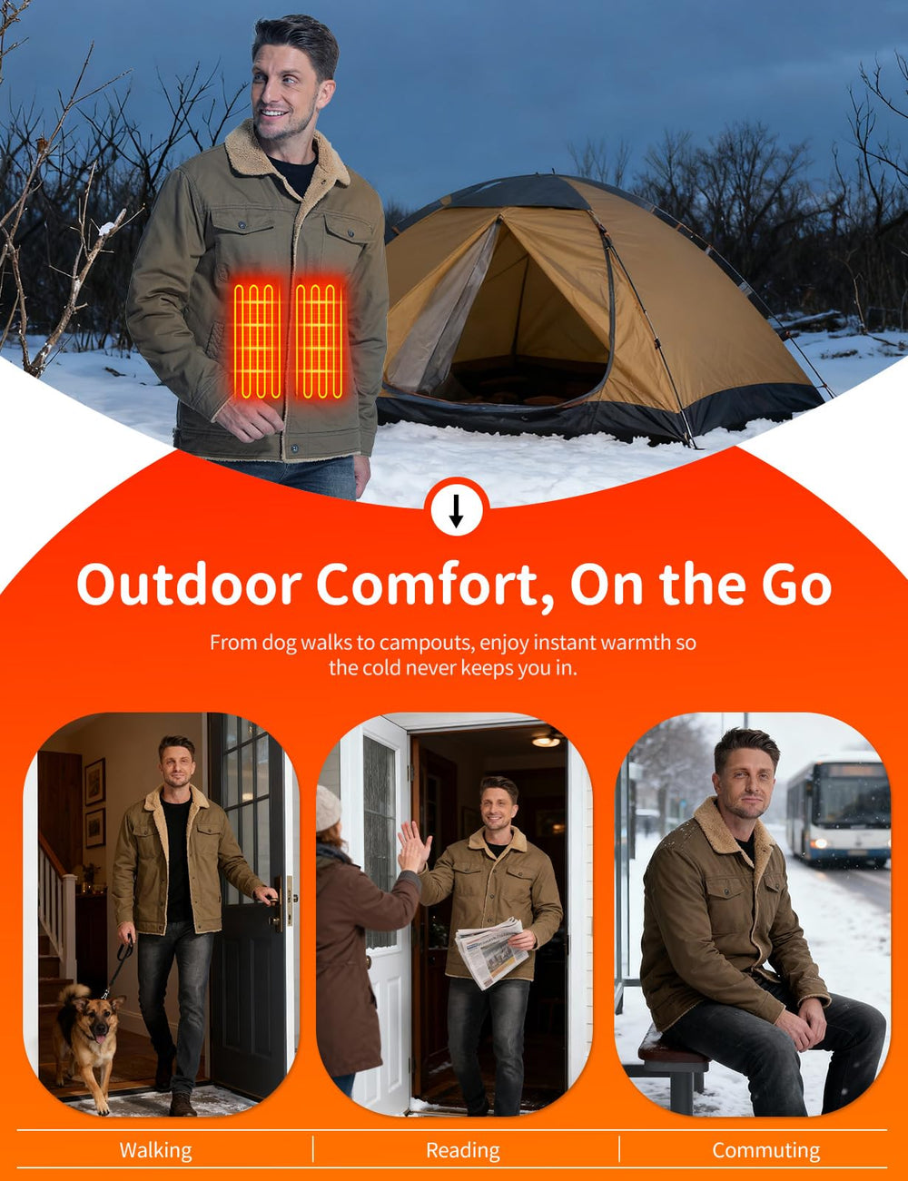 Vokora heated jacket back view highlighting full-coverage warmth for cold days.