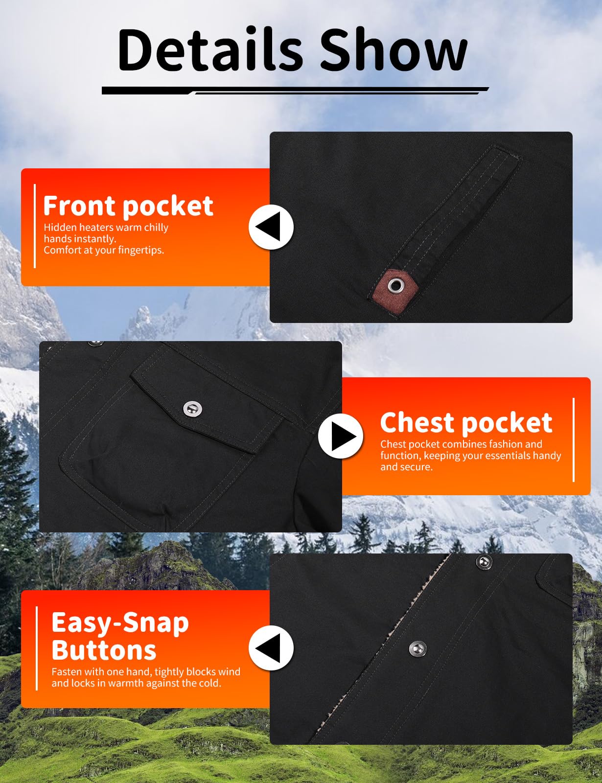 Vokora men's heated jacket soft fleece lining adds cozy warmth for daily wear.
