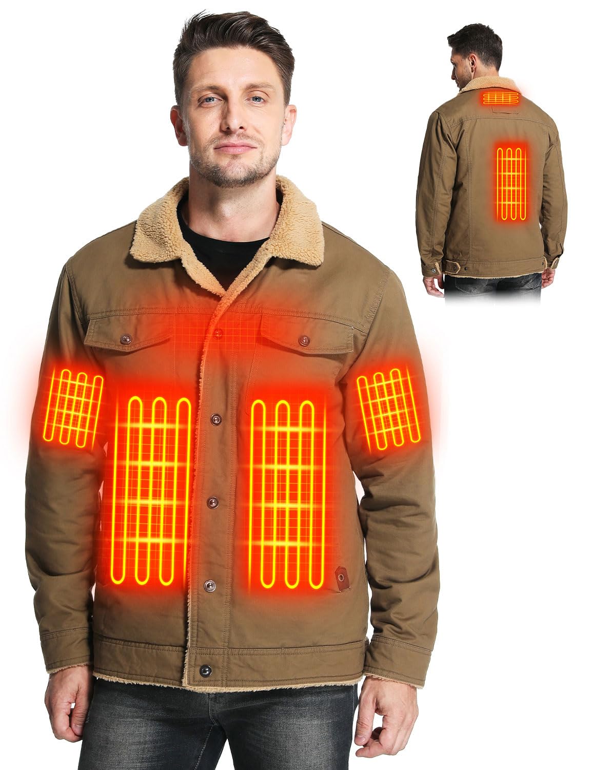 Vokora men's heated jacket front view showing all-round warmth coverage.