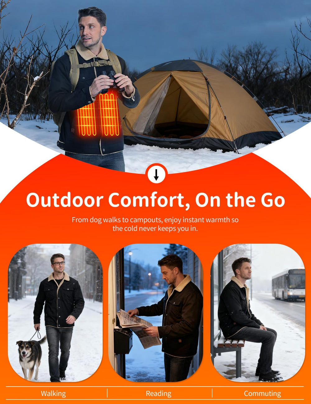 Vokora men's heated jacket showing neck, back and arms zones for targeted heat.
