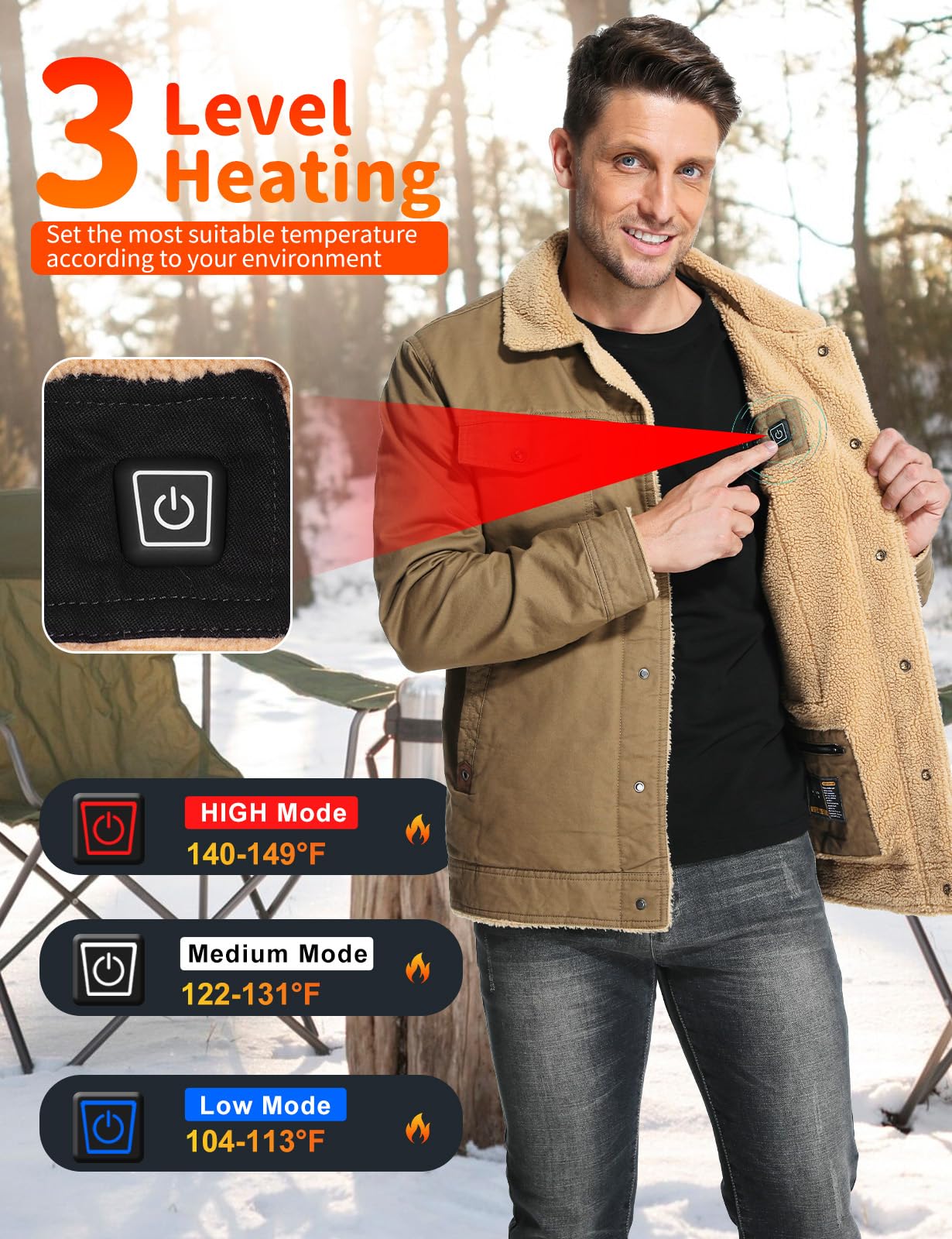 Vokora men's heated jacket side view with compact silhouette for outdoor wear.