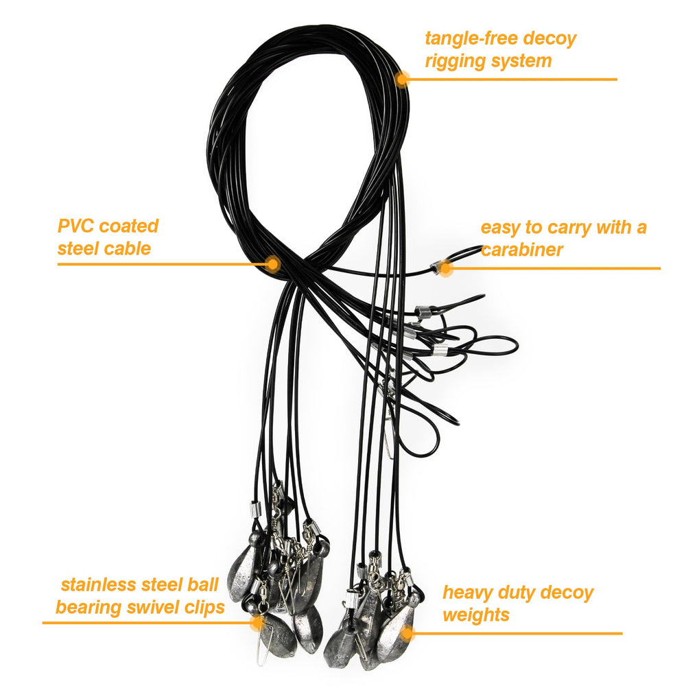 Volein waterfowl decoy weights carabiner attachment enables quick decoy deployment.