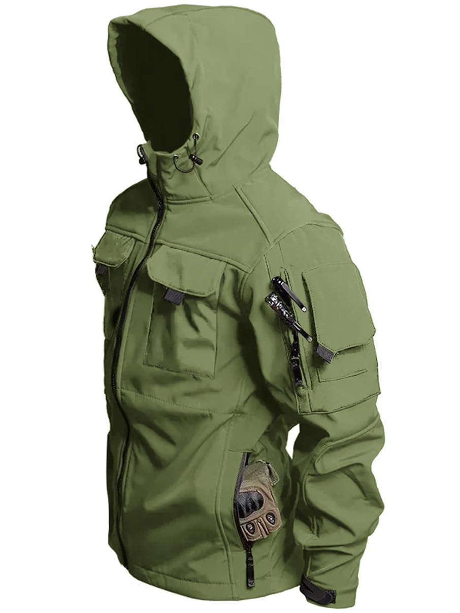VoLIta hooded soft shell jacket with hood up demonstrating wind protection