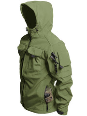 VoLIta hooded soft shell jacket with hood up demonstrating wind protection
