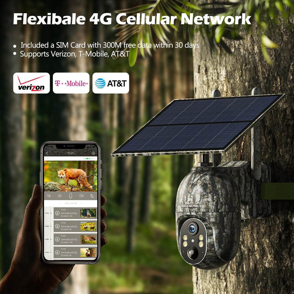 VOOPEAK rear view 4G LTE trail camera showing weatherproof build and setup