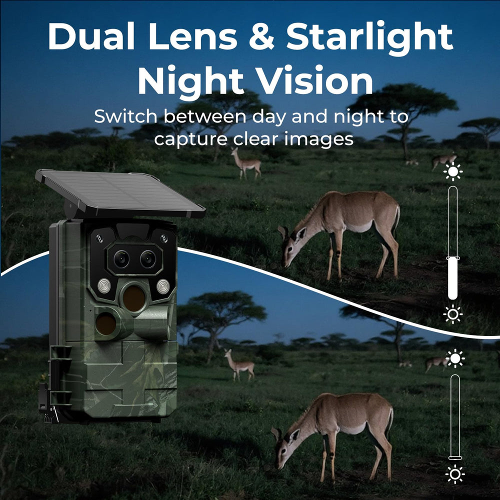 VOOPEAK trail camera front dual-lens view demonstrates day and night versatility.