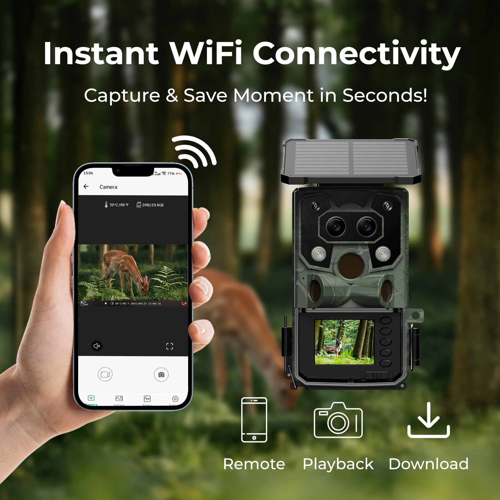 VOOPEAK solar-powered trail camera stays charged with included panel.