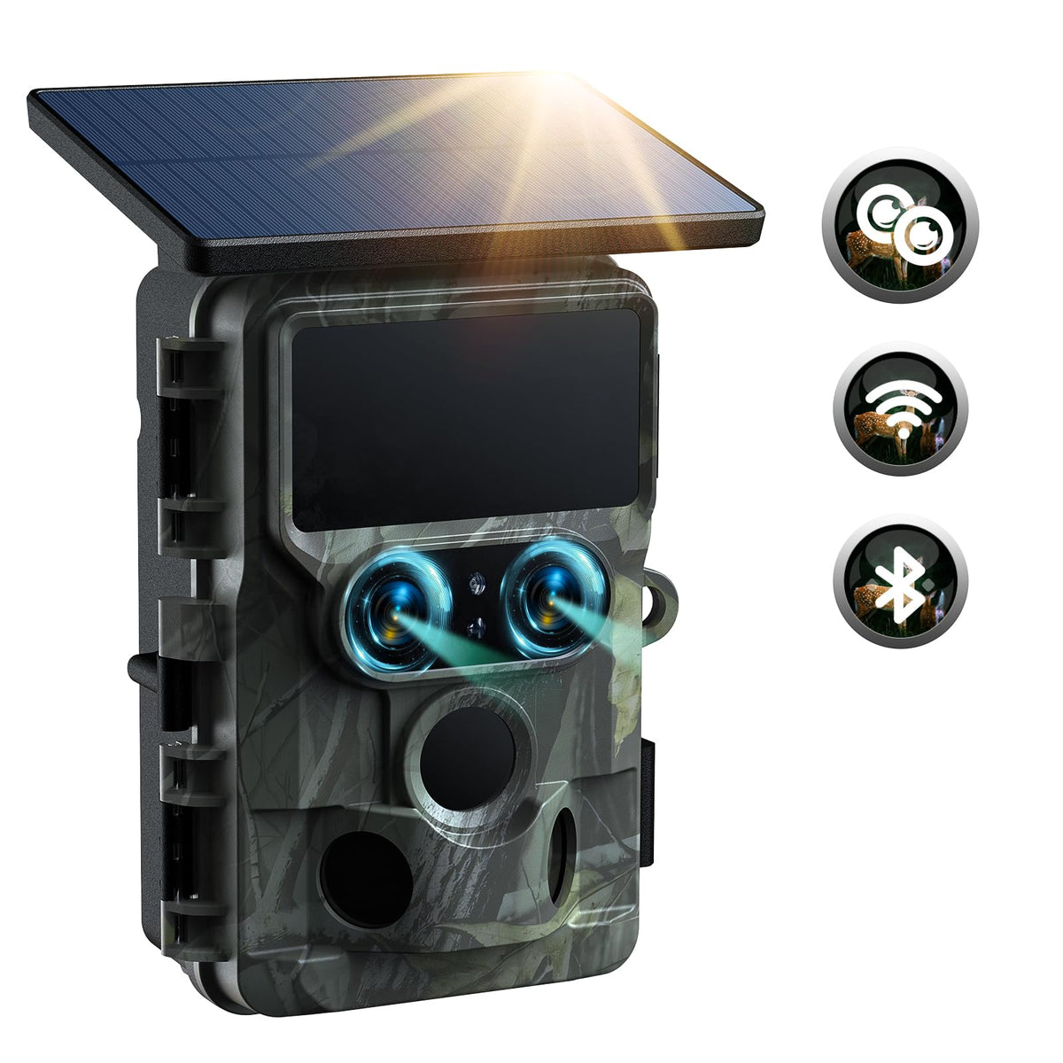 VOOPEAK trail camera with solar panel powering remote wildlife monitoring.