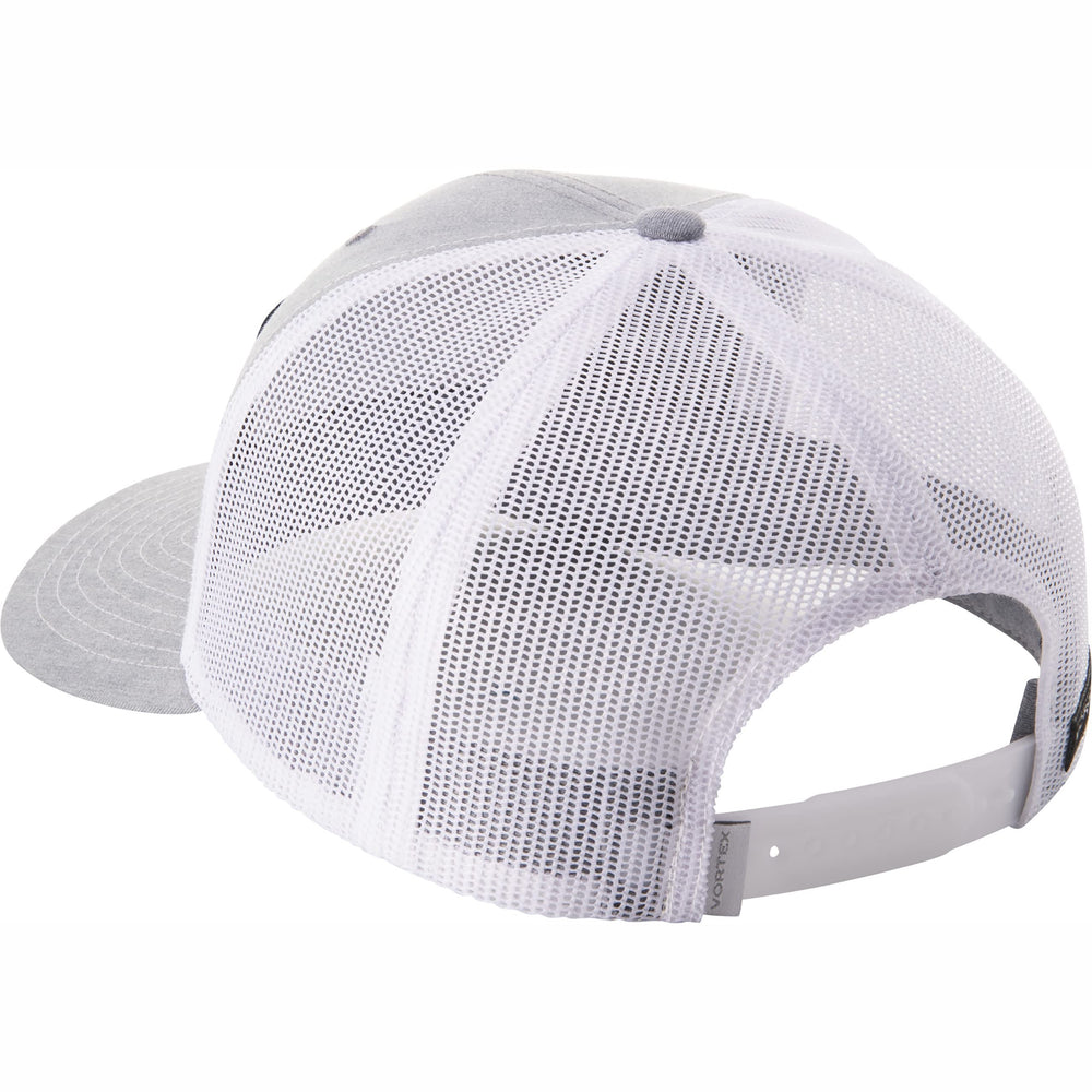 Vortex Boundary Horizon cap grey heather close-up crest highlights Richardson 112 style and breathable mesh.