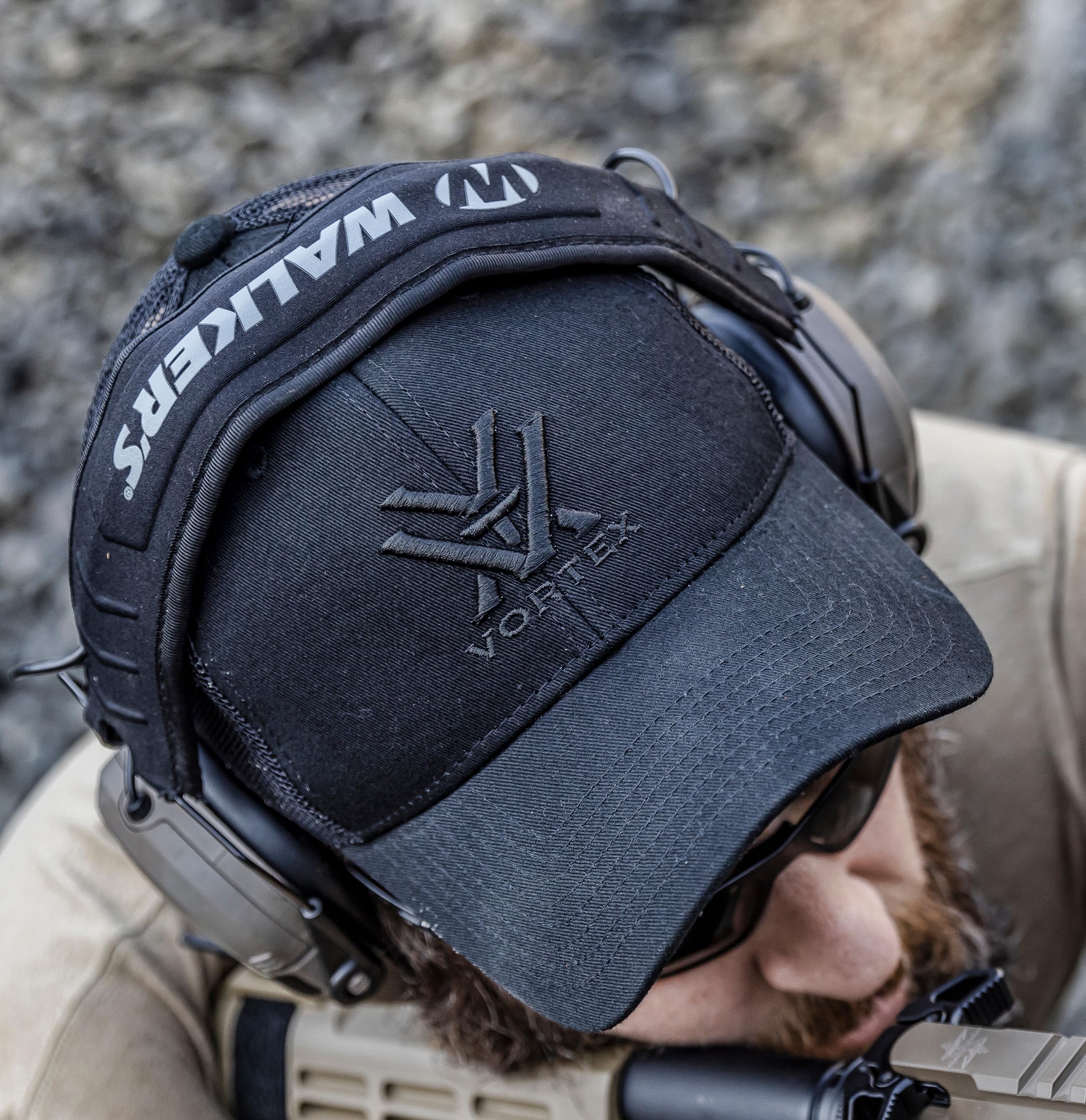 Vortex Core Caps Black fabric detail reveals 50/50 blend for comfort.