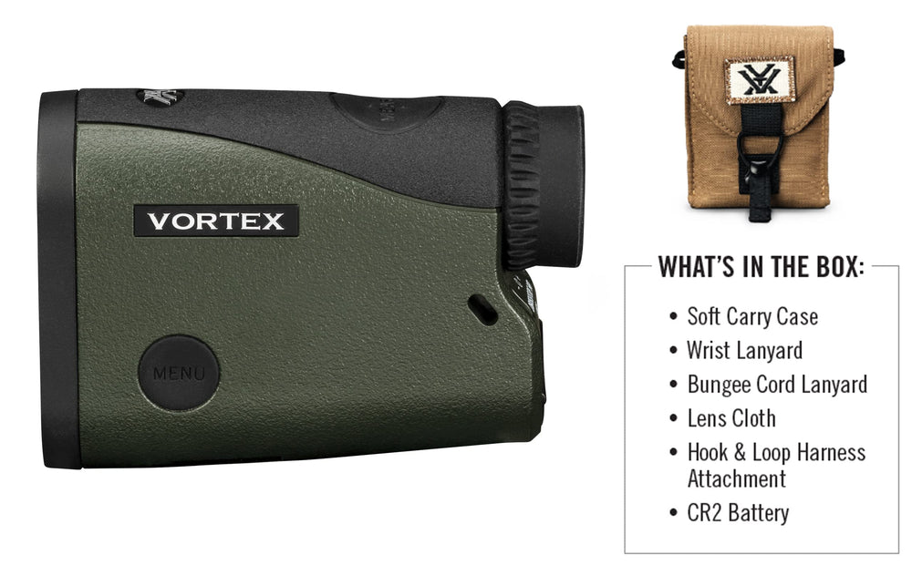 Vortex Crossfire HD 1400 rangefinder showcasing Normal, First, and Last modes.