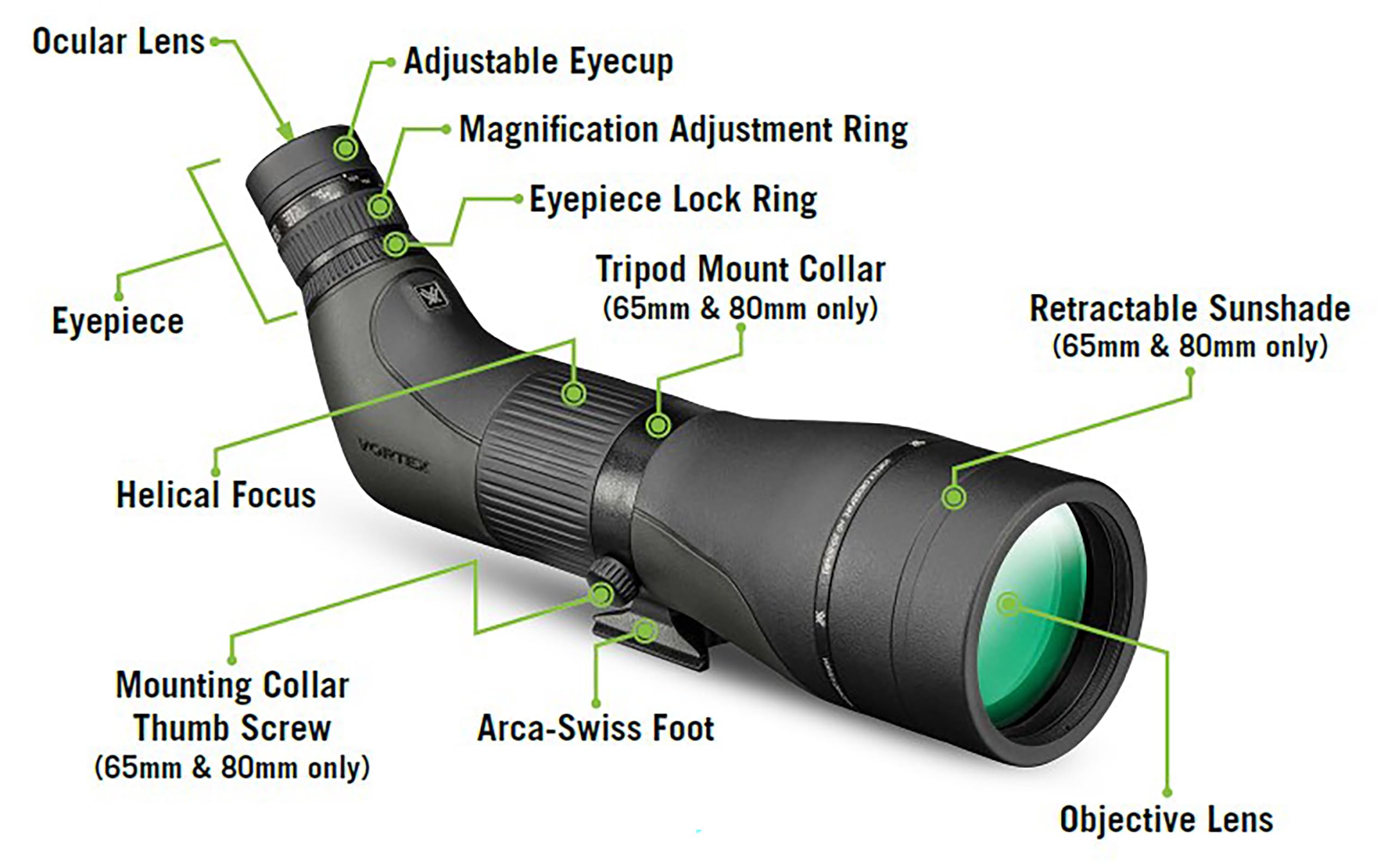 Vortex Crossfire HD built-in sunshade cuts glare and protects lenses in bright or rainy days.