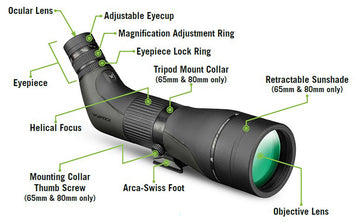 Vortex Crossfire HD built-in sunshade cuts glare and protects lenses in bright or rainy days.