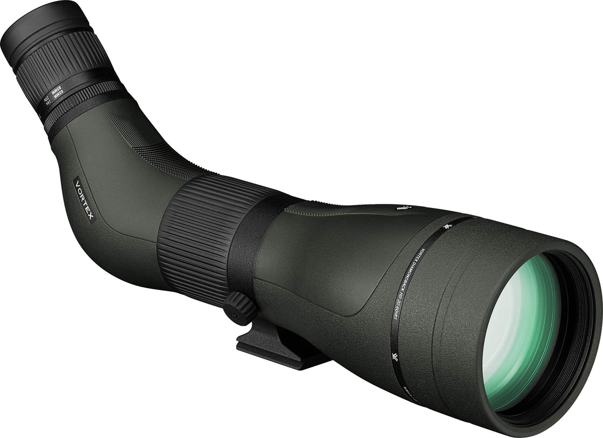 Vortex Diamondback HD spotting scope angled view with high-definition optics for sharp distant targets.