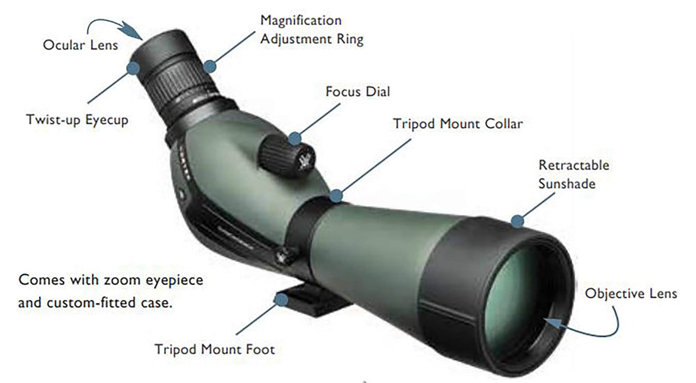Vortex Diamondback angled focus wheel and zoom eyepiece enable precise distant observation.