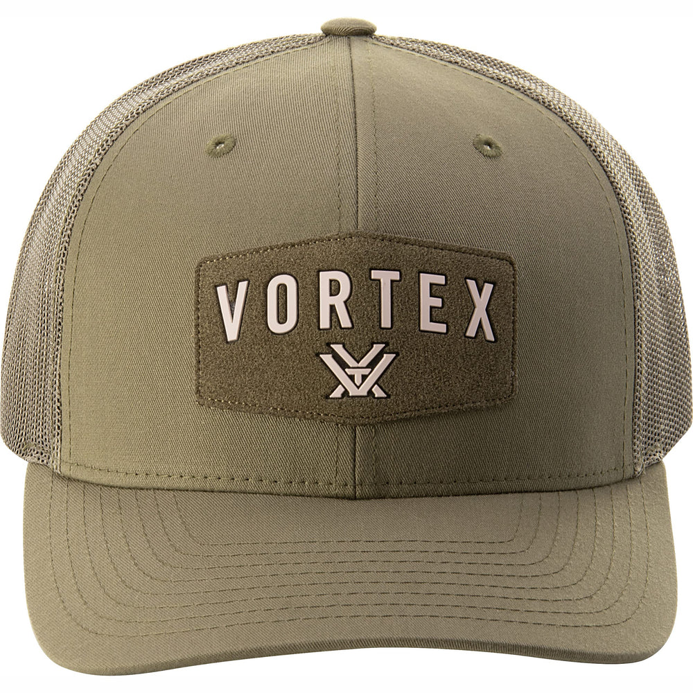 Vortex men's red alert snap back cap in loden, front view