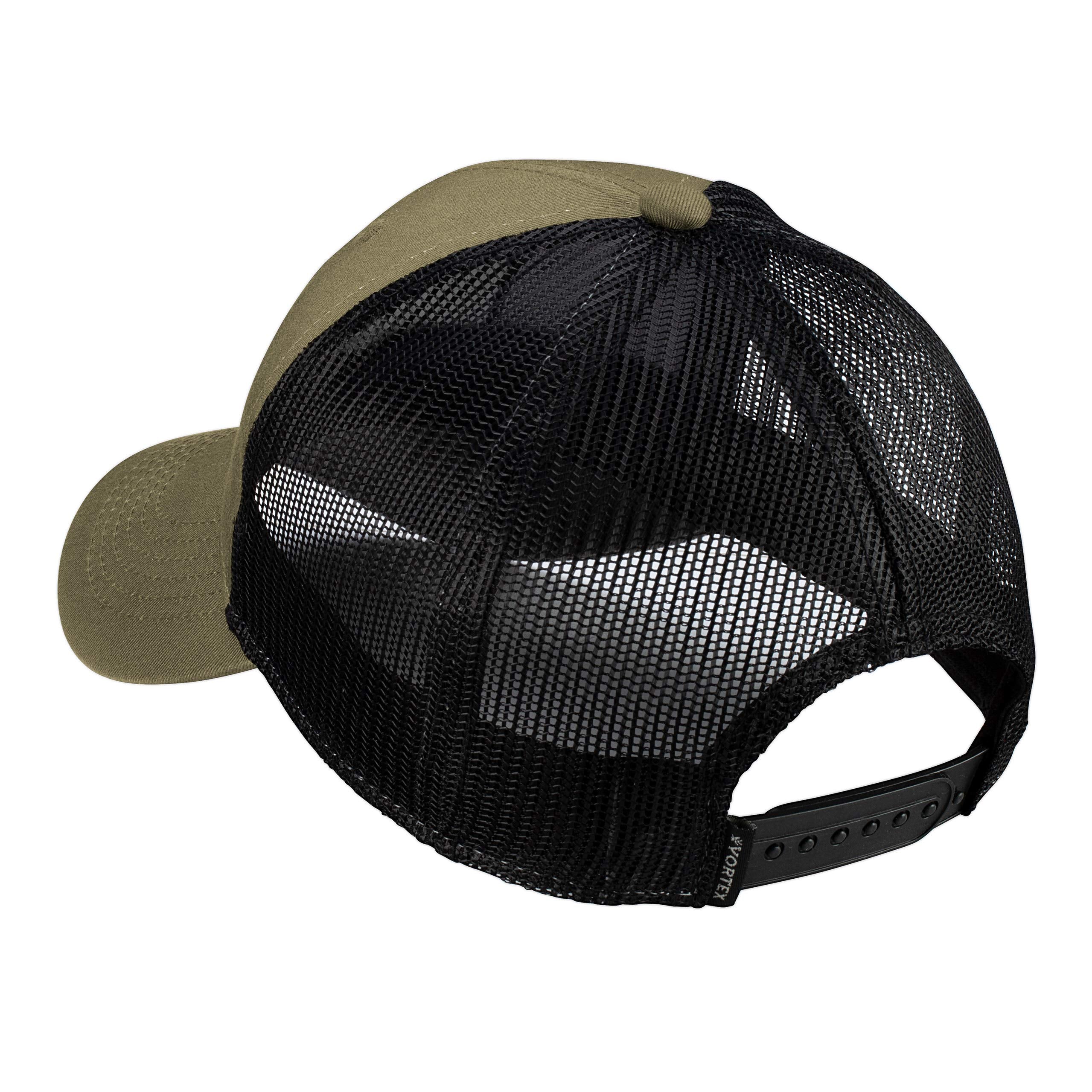 Close-up of patch logo on olive Vortex hat