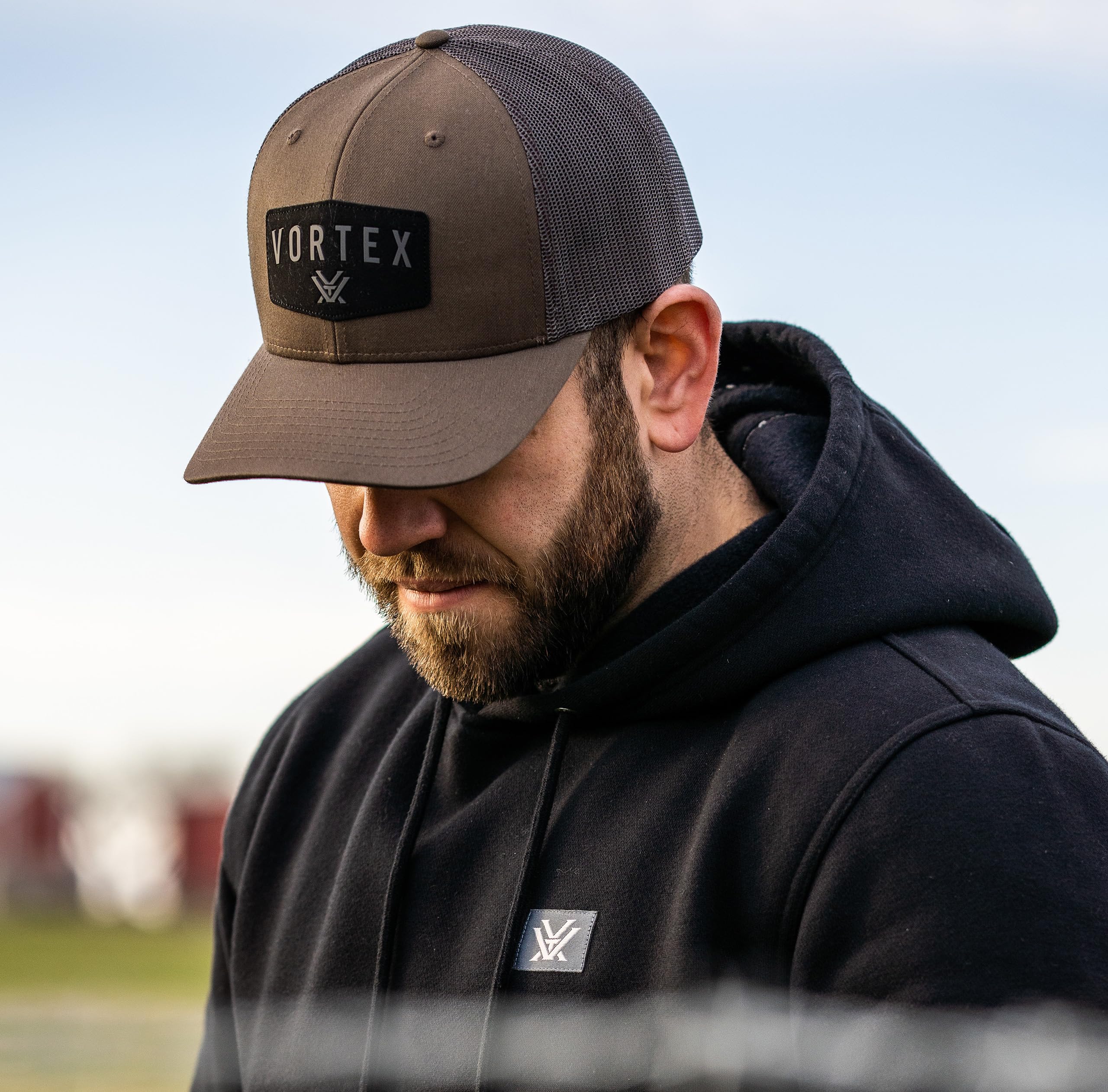 Vortex Optics Red Alert Snap Back Cap Chocolate logo close up