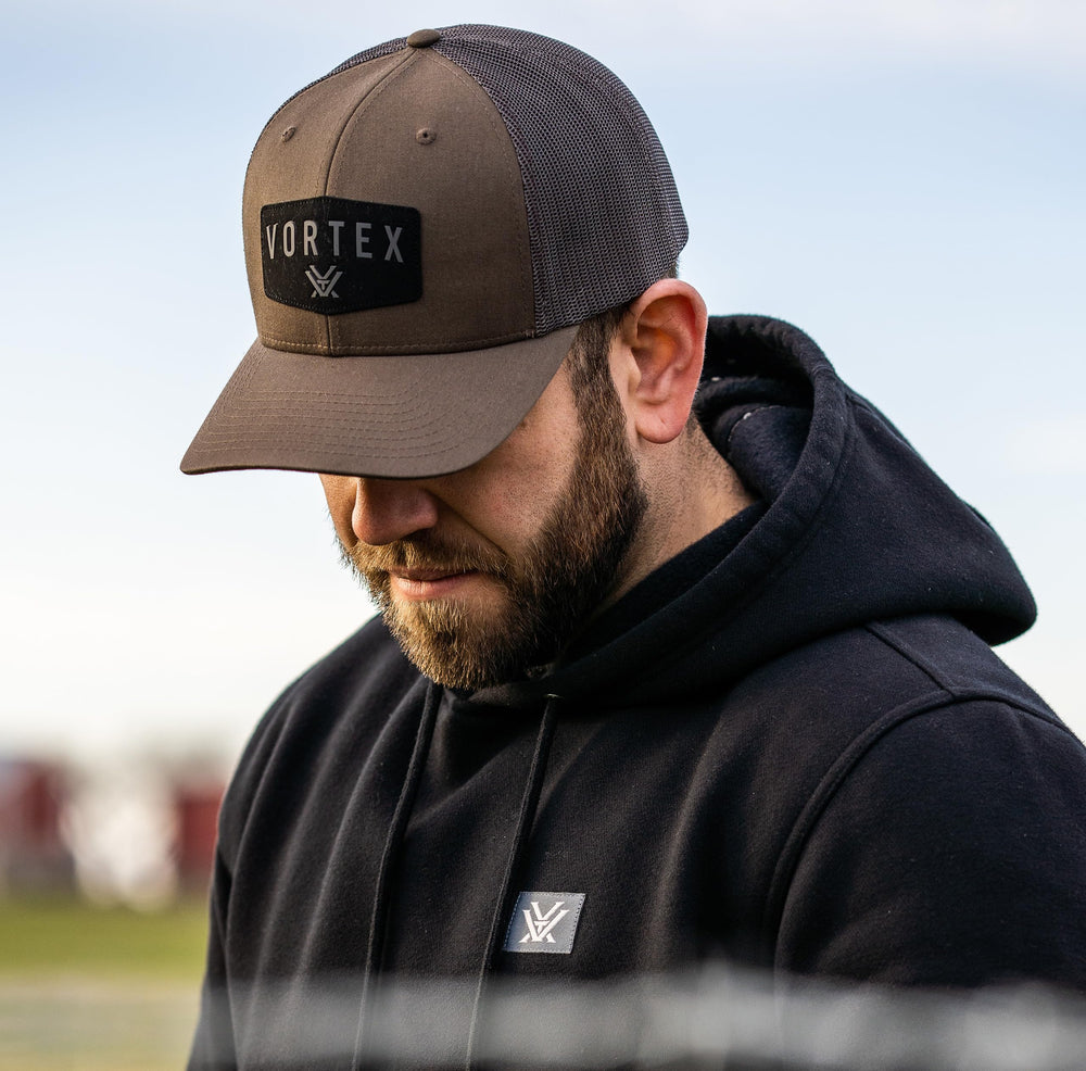 Vortex Optics Red Alert Snap Back Cap Chocolate logo close up