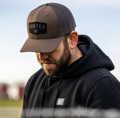 Vortex Optics Red Alert Snap Back Cap Chocolate logo close up