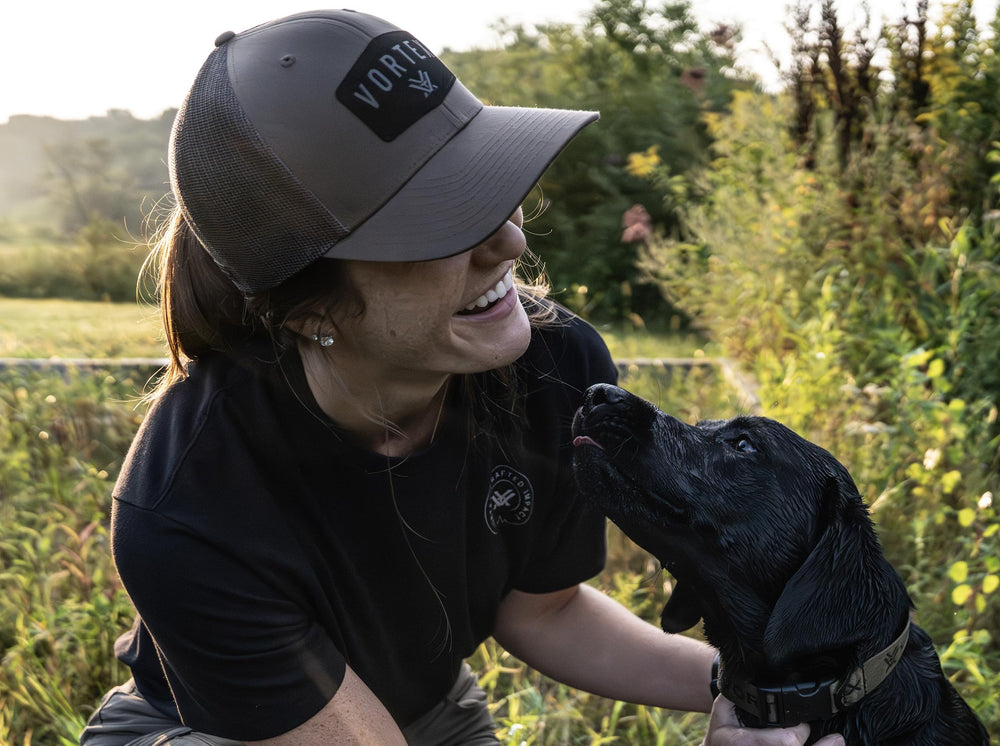 Vortex Optics Red Alert Snap Back Cap Chocolate worn on model