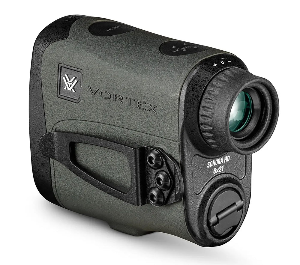 Vortex Sonora HD 1800 rangefinder in use by a bow hunter for angle-based readings.