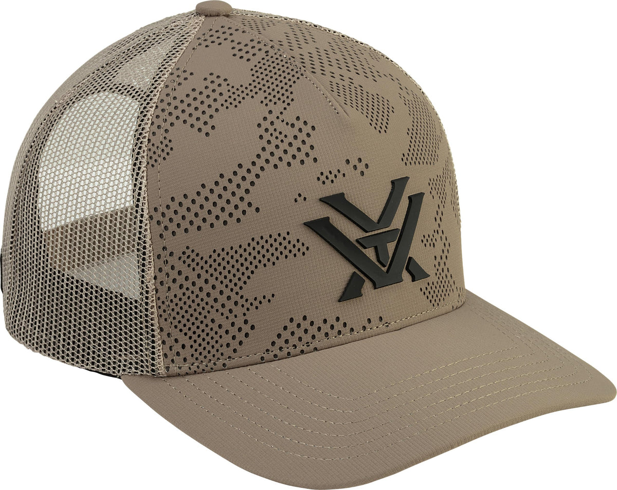 Vortex Through and Through Camo Cap front view showing breathable perforated camo for comfort
