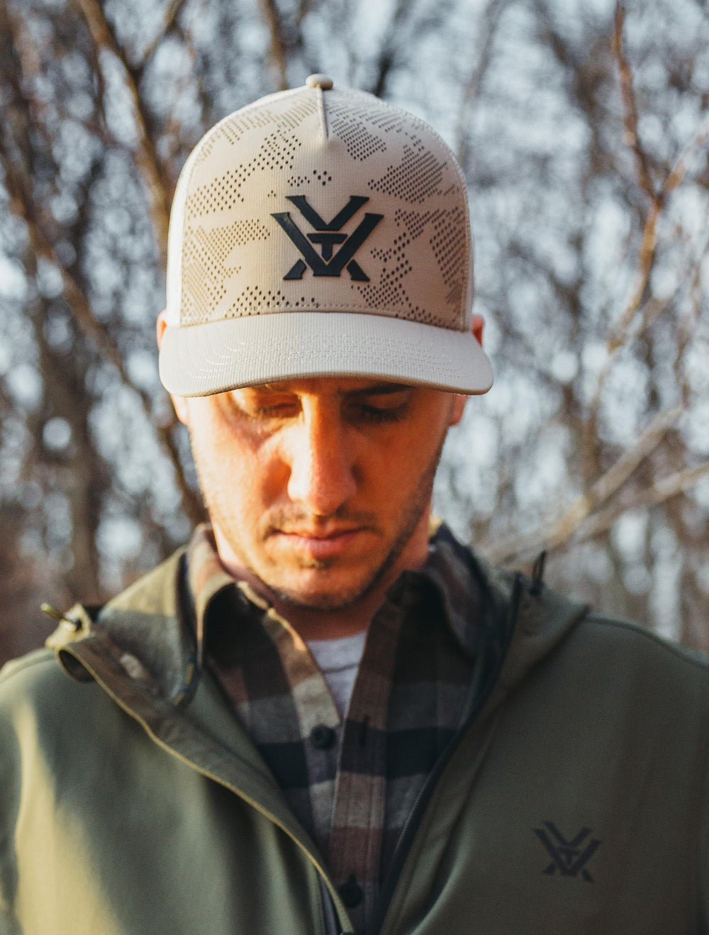 Vortex Through and Through Camo Cap perforated front detail showcases airflow