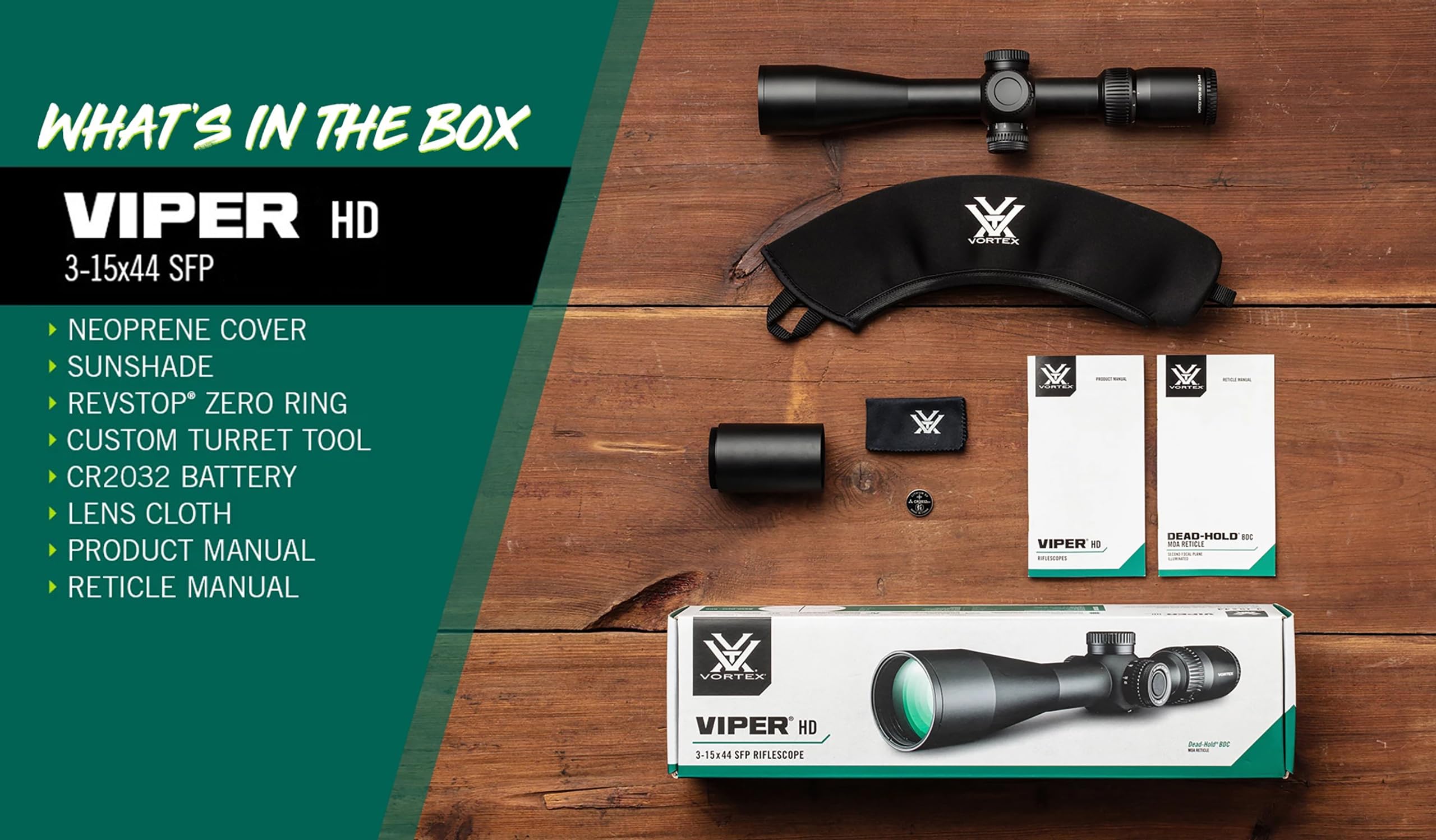 Vortex Viper HD 3-15x44 warranty statement badge signals VIP coverage.
