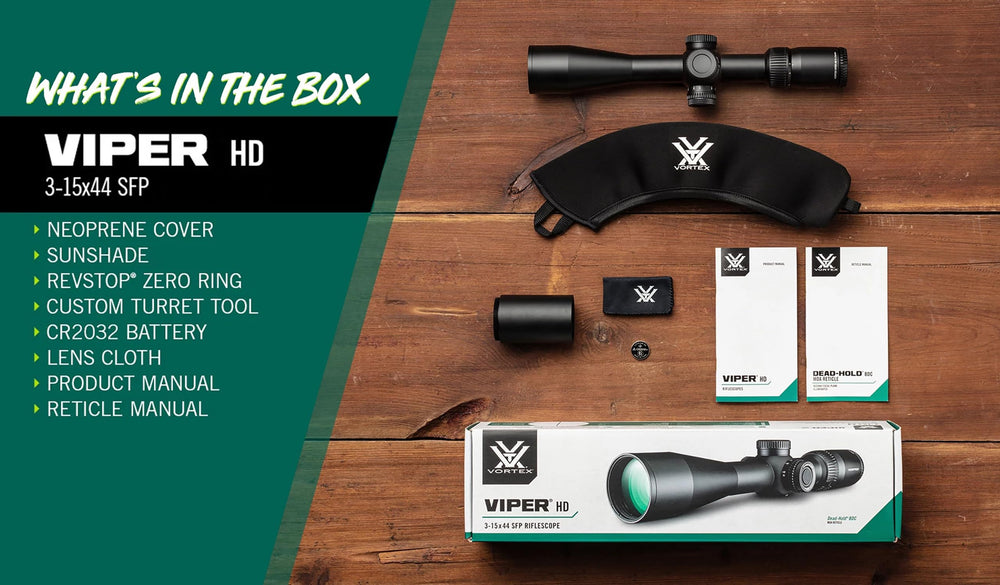 Vortex Viper HD 3-15x44 warranty statement badge signals VIP coverage.