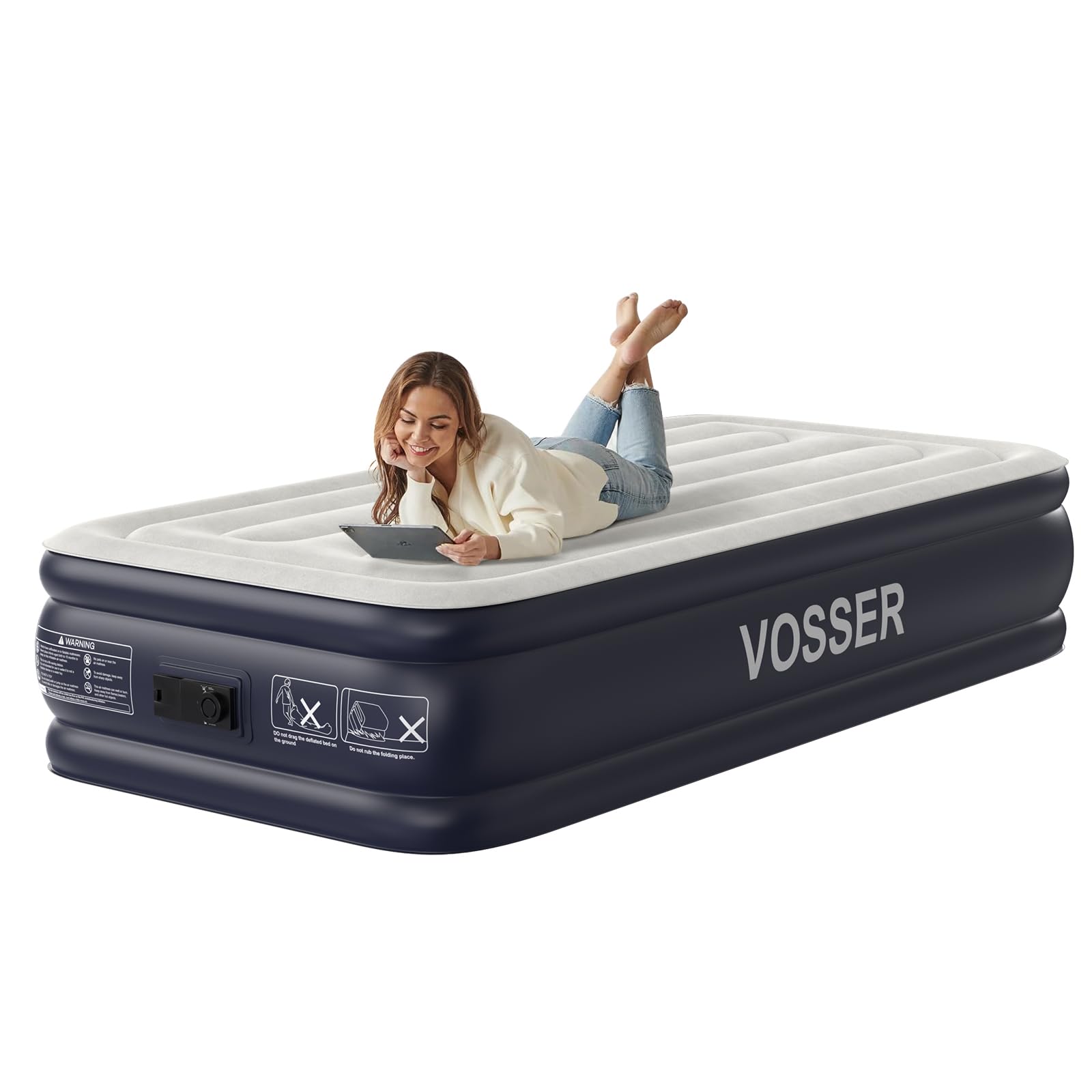 VOSSER twin-xl air mattress top view with plush flocked surface for comfort.