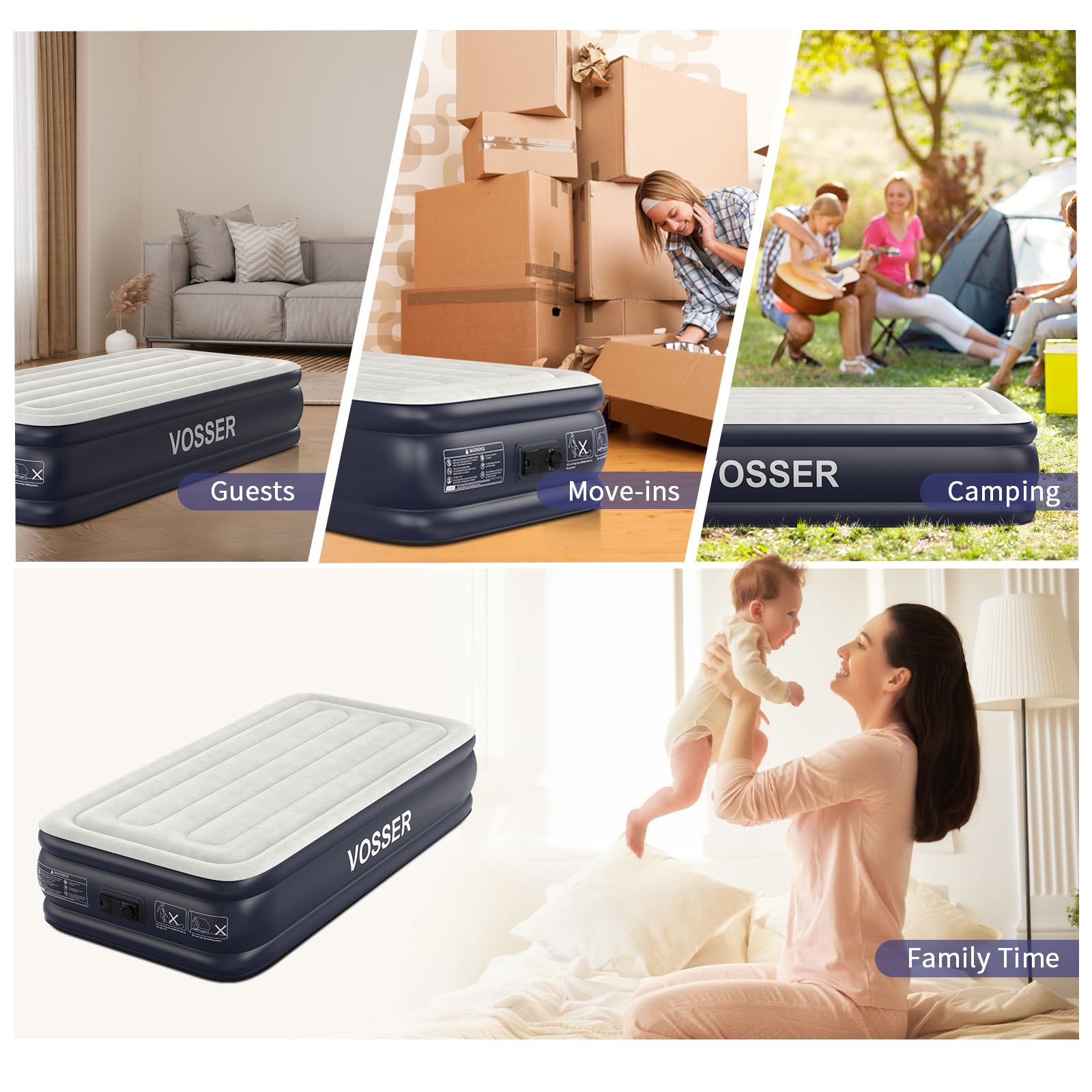 VOSSER versatile-use scenarios for guests, camping, and move-in readiness.