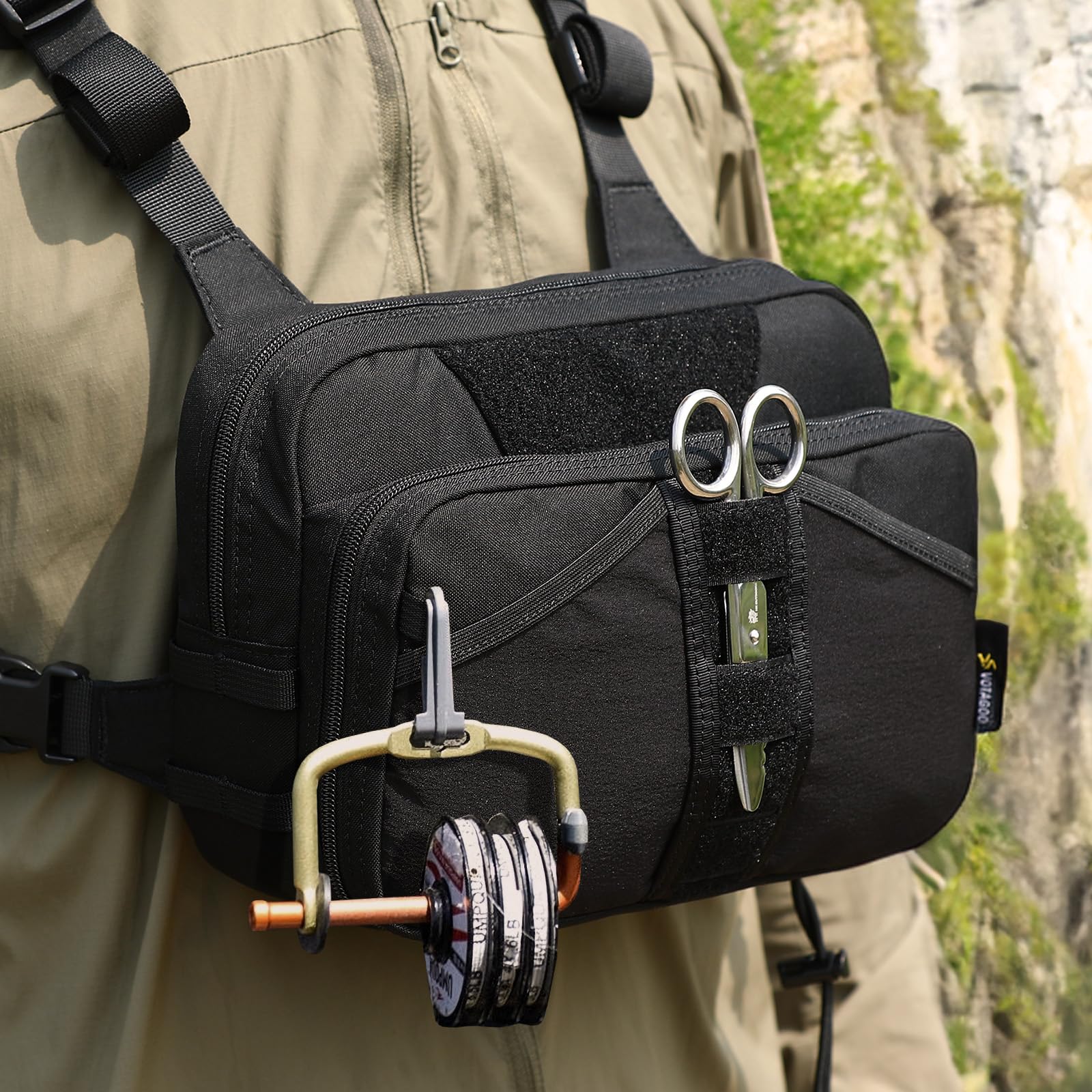VOTAGOO GEAR chest pack with multiple storage compartments for lures and lines