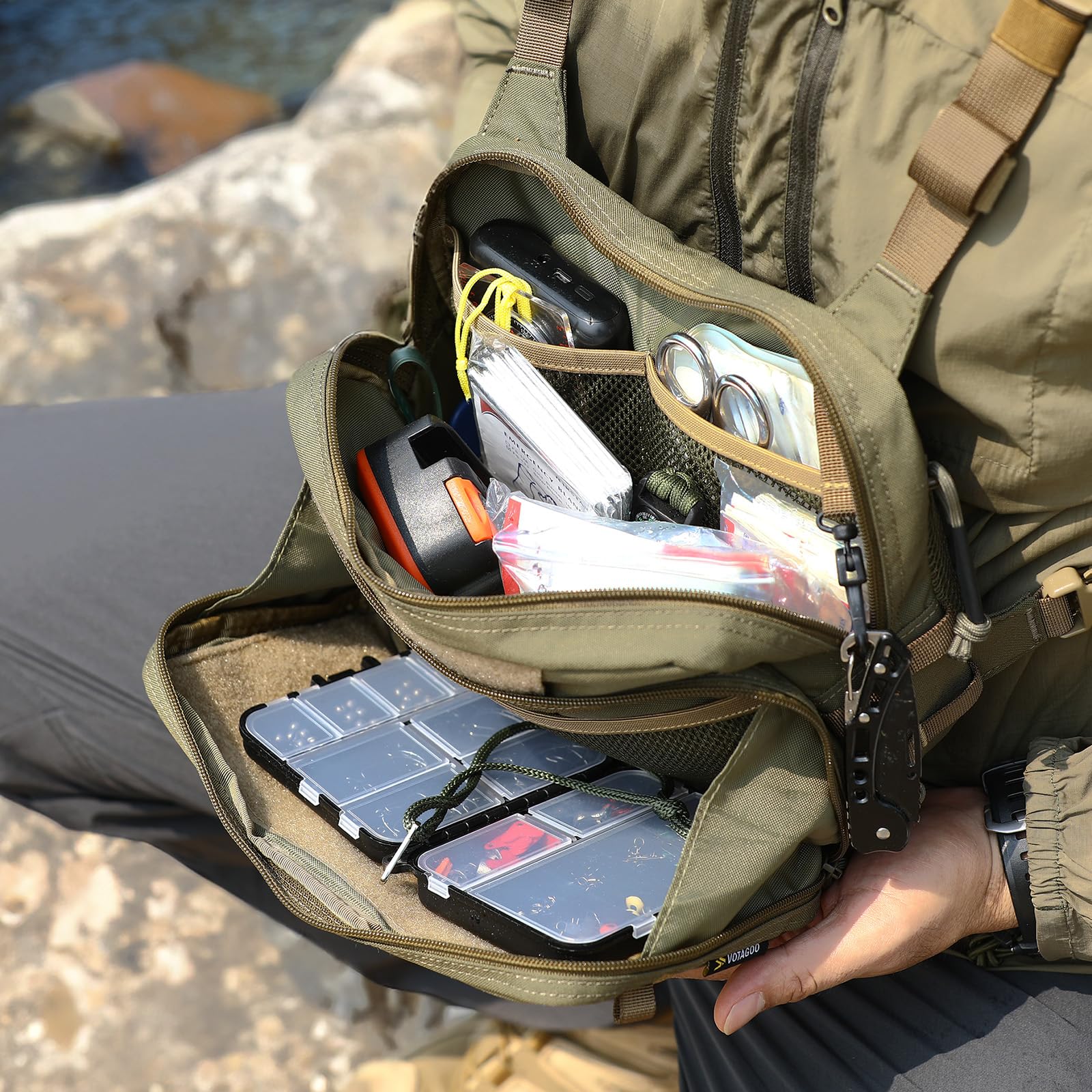 VOTAGOO GEAR chest pack keeps essentials accessible while wading through streams.