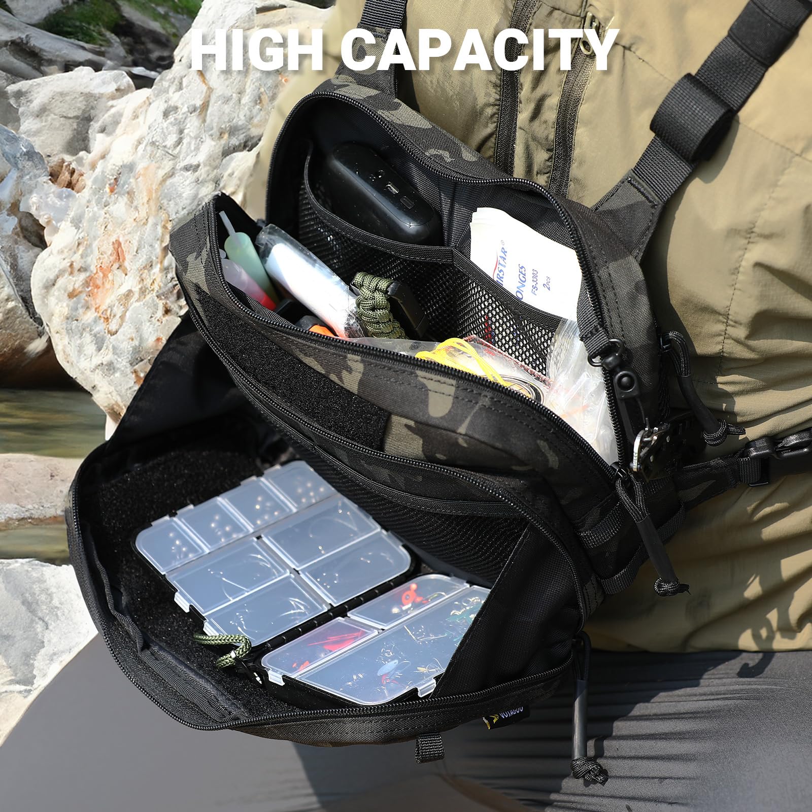 VOTAGOO GEAR chest pack water-resistant fabric stands up to wet conditions.