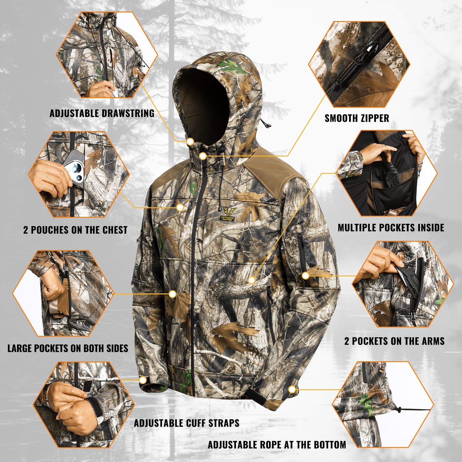 VOTAGOO coat pockets close-up showing smooth, quiet zippers and secure storage.