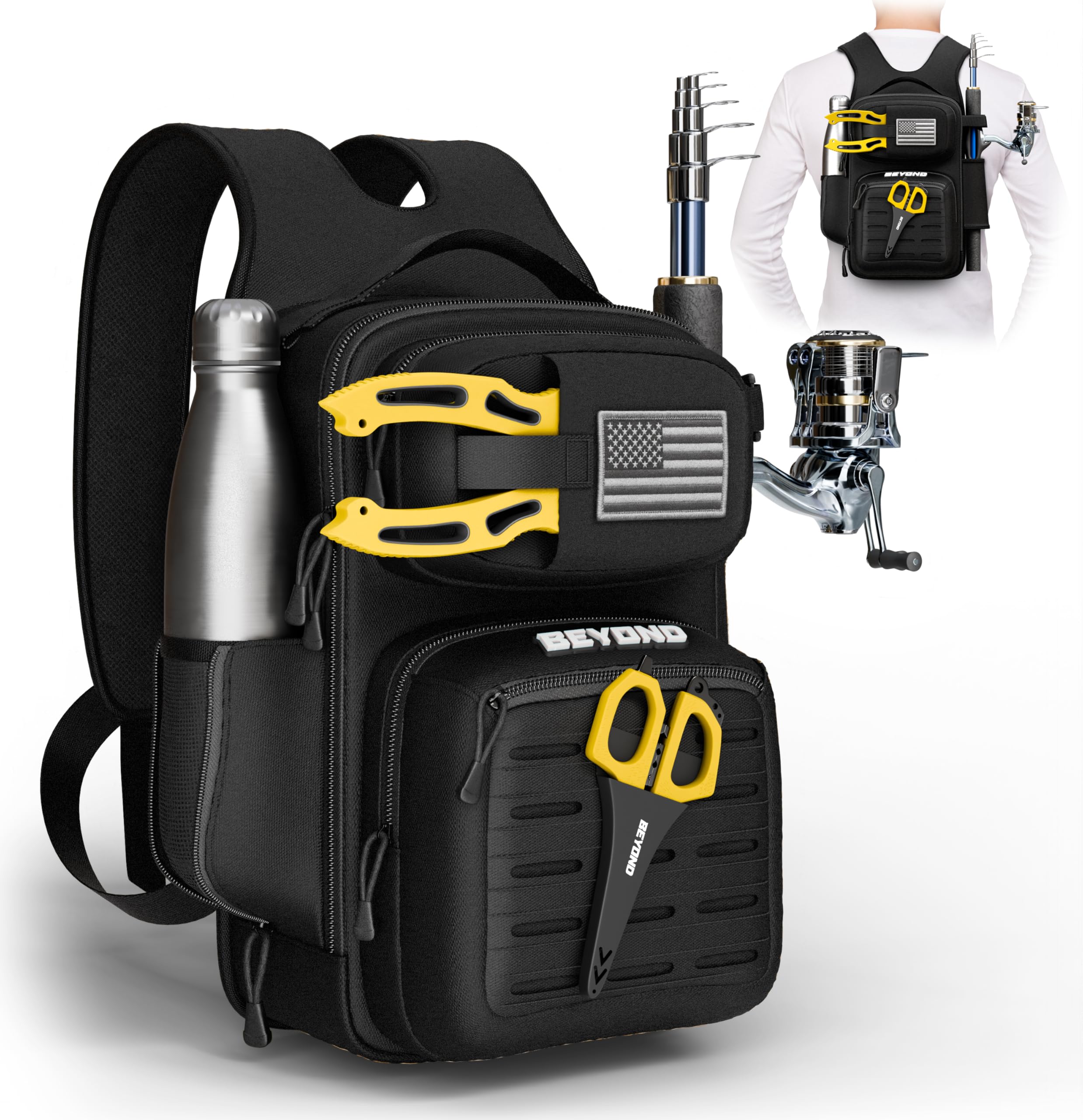 Front view of Voyager All Black fishing backpack