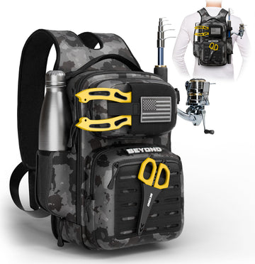 The Voyager Black Onyx fishing backpack - side view
