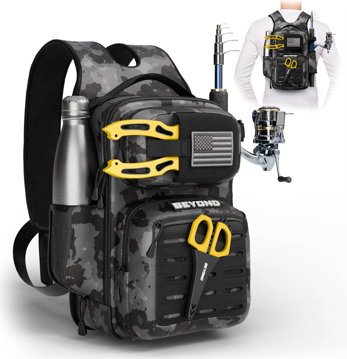 The Voyager Black Onyx fishing backpack - side view